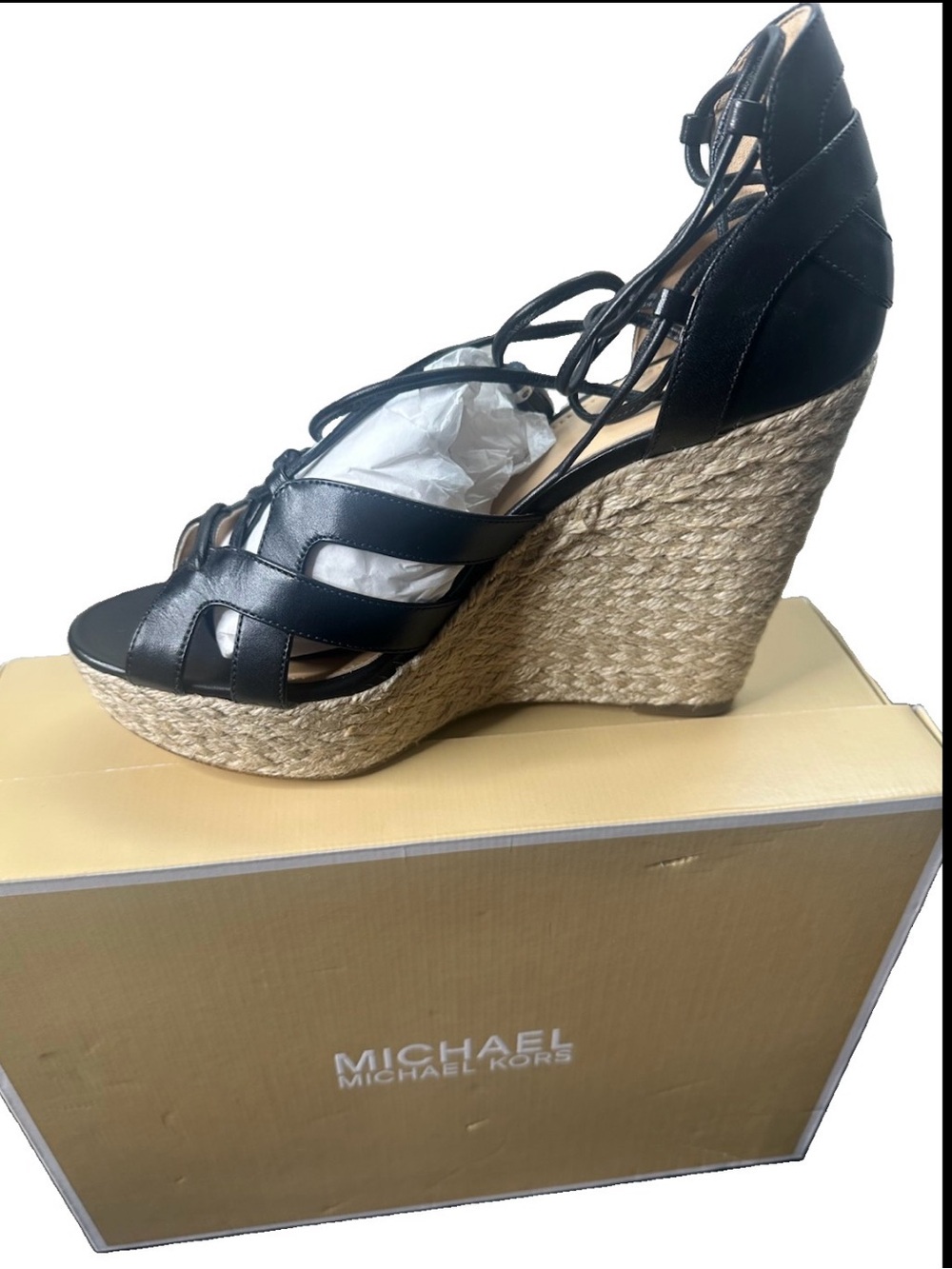 Michael Kors Black Leather Lace-Up Mirabel Wedge Sandals Size 9